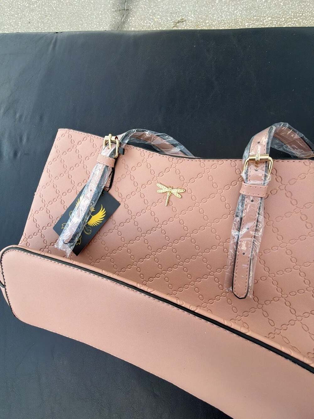 Calista Pink Embossed Chain Link Tote Bag with Dragonfly Charm